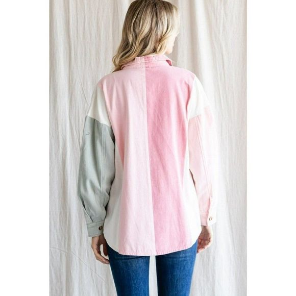 Jodifl Colorblock Utility Jacket Button Up Shirt Top Pink Grey New S-L G5781 - Picture 2 of 2